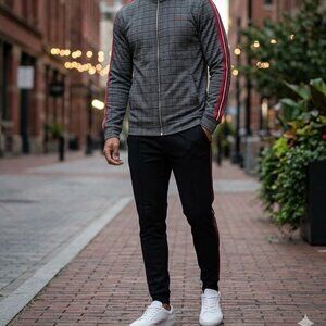 Share BoohooMAN Men’s XL Jacket Plaid Checkered Zip-Up Red/Black Striped Sleeve